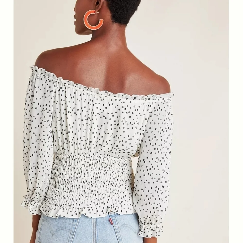 By Anthropologie Lucia Off the Shoulder Smocked Blouse White Polka Dot Large - Picture 2 of 16